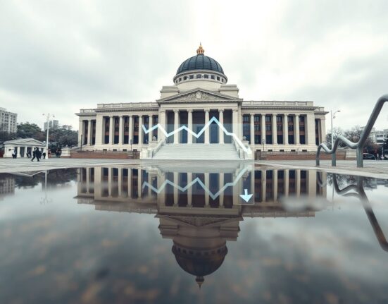 South Korean National Assembly building in Seoul with digital chart reflecting in puddle