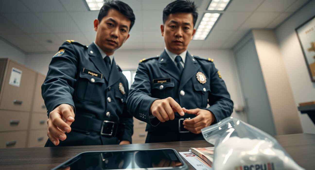 South Korean police officers examining Bitcoin and cash evidence from drug trafficking investigation