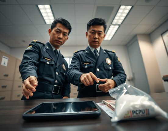 South Korean police officers examining Bitcoin and cash evidence from drug trafficking investigation