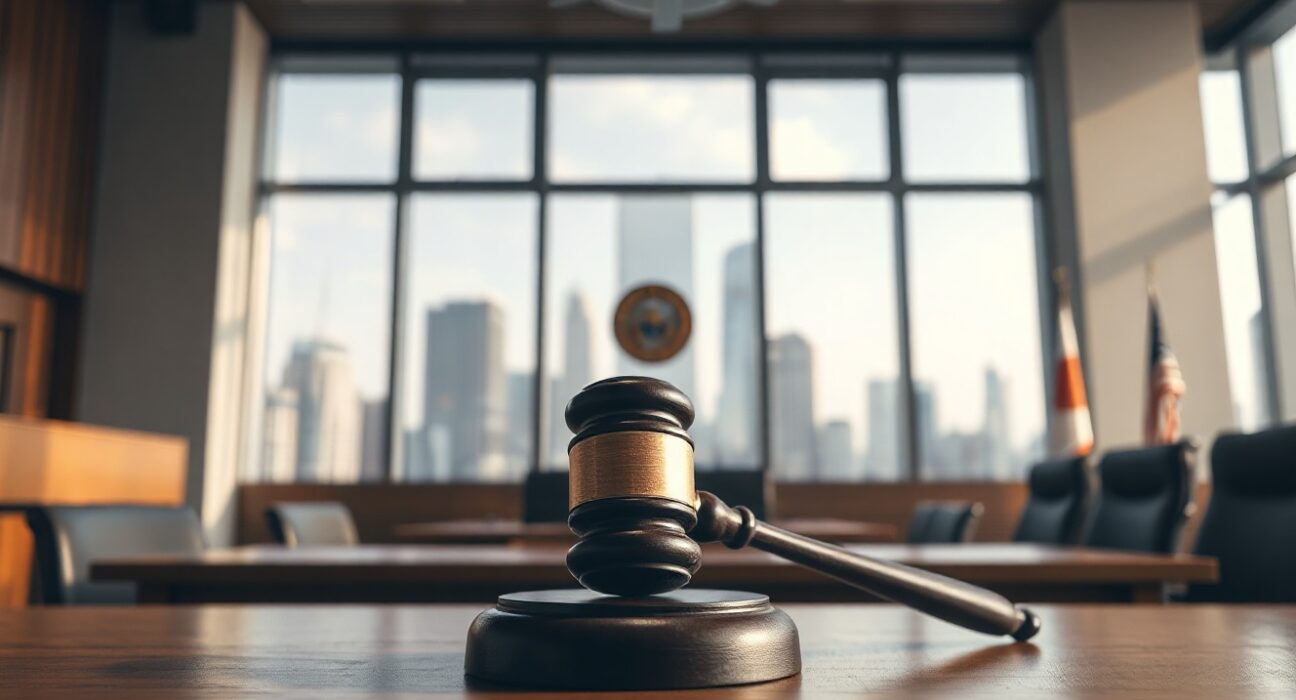 A courtroom gavel in a South Korean legal setting, symbolizing the tax tribunal's decision on a Bitcoin case.