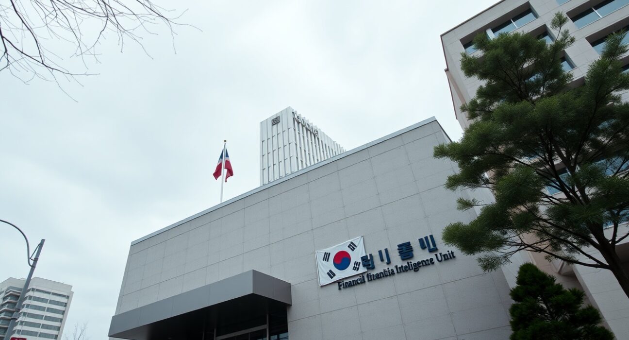 Exterior of South Korea's Financial Intelligence Unit building on a cloudy day