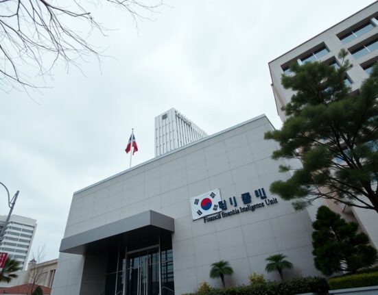 Exterior of South Korea's Financial Intelligence Unit building on a cloudy day