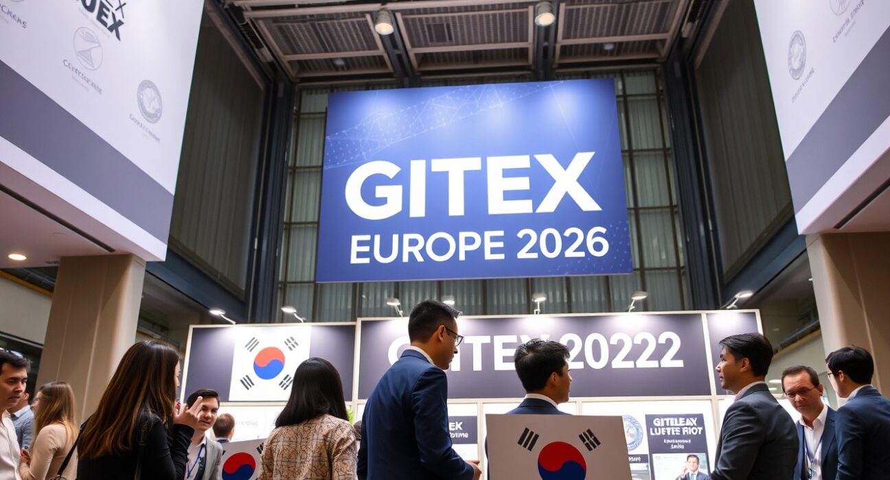 South Korean delegates networking at a blockchain booth during GITEX AI EUROPE 2026 in Berlin