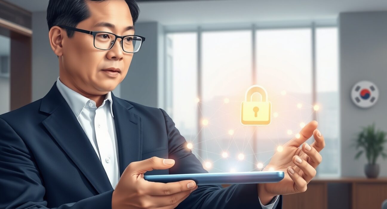 South Korean government official reviews blockchain interface for digital treasury management pilot program.