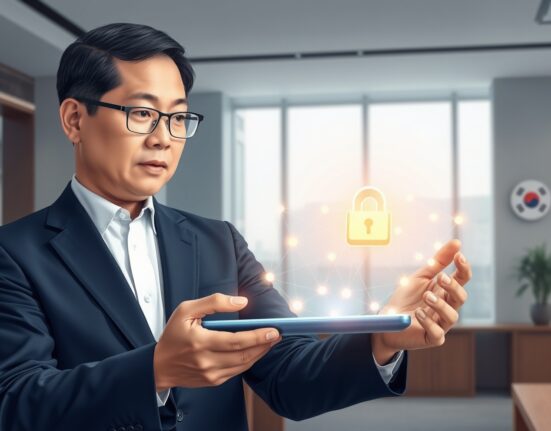 South Korean government official reviews blockchain interface for digital treasury management pilot program.