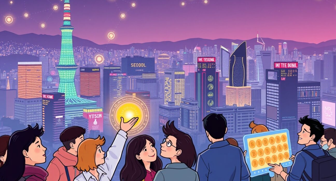 A cartoon illustration showing the vibrant energy of the South Korea blockchain industry, depicting Seoul's futuristic landscape and a dynamic crypto community.