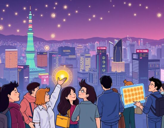 A cartoon illustration showing the vibrant energy of the South Korea blockchain industry, depicting Seoul's futuristic landscape and a dynamic crypto community.