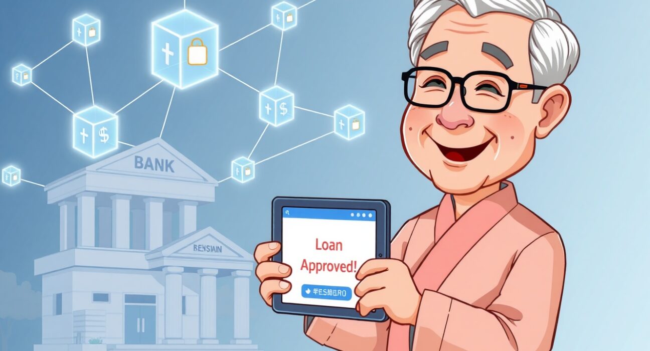 A retired public official successfully accessing a secure blockchain loan service in South Korea, demonstrating digital certificate verification.