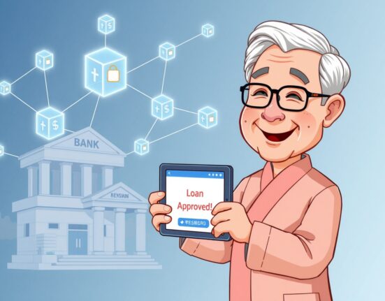 A retired public official successfully accessing a secure blockchain loan service in South Korea, demonstrating digital certificate verification.