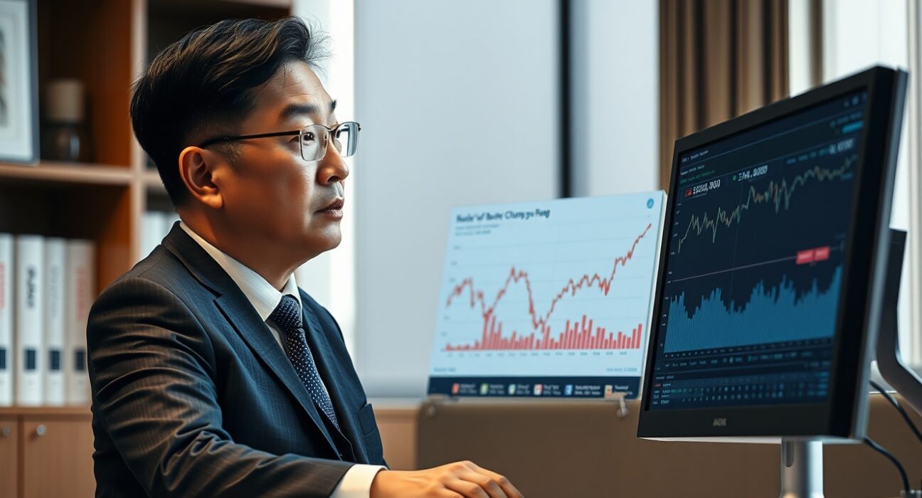 Bank of Korea Governor Rhee Chang-yong analyzing monetary policy data and economic charts.