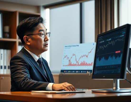 Bank of Korea Governor Rhee Chang-yong analyzing monetary policy data and economic charts.