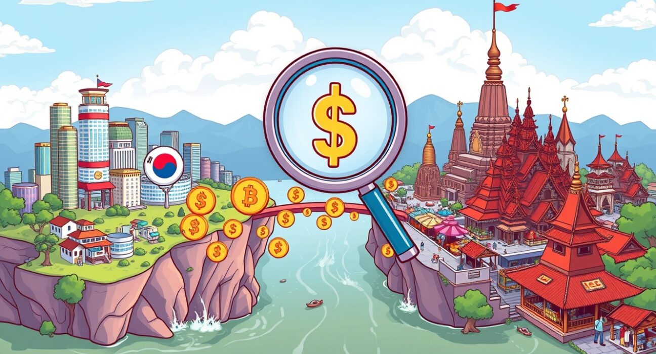 Illustration of rapid South Korea Cambodia crypto transfers raising financial regulatory concerns.