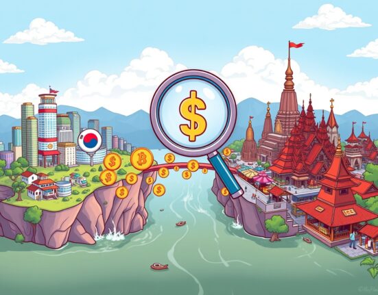 Illustration of rapid South Korea Cambodia crypto transfers raising financial regulatory concerns.