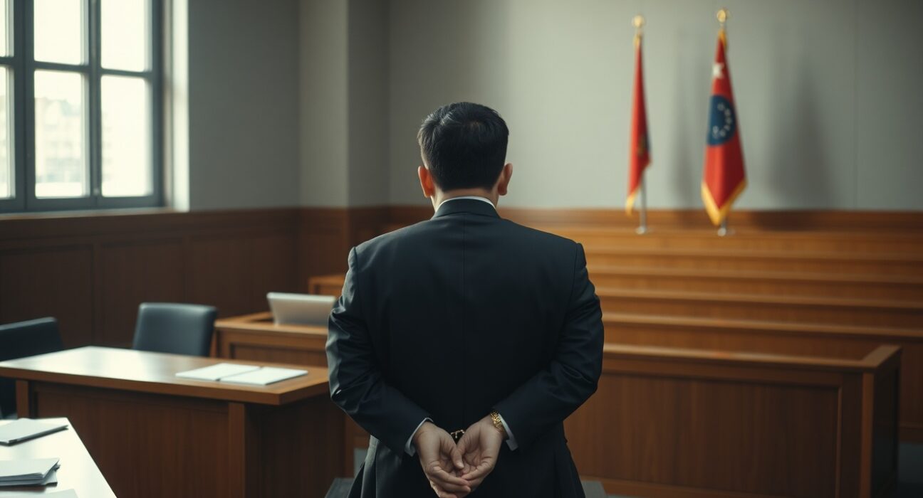 Courtroom scene with defendant in handcuffs, representing the CATFI memecoin rug pull sentencing case in South Korea.