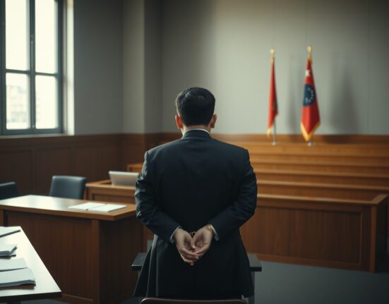 Courtroom scene with defendant in handcuffs, representing the CATFI memecoin rug pull sentencing case in South Korea.