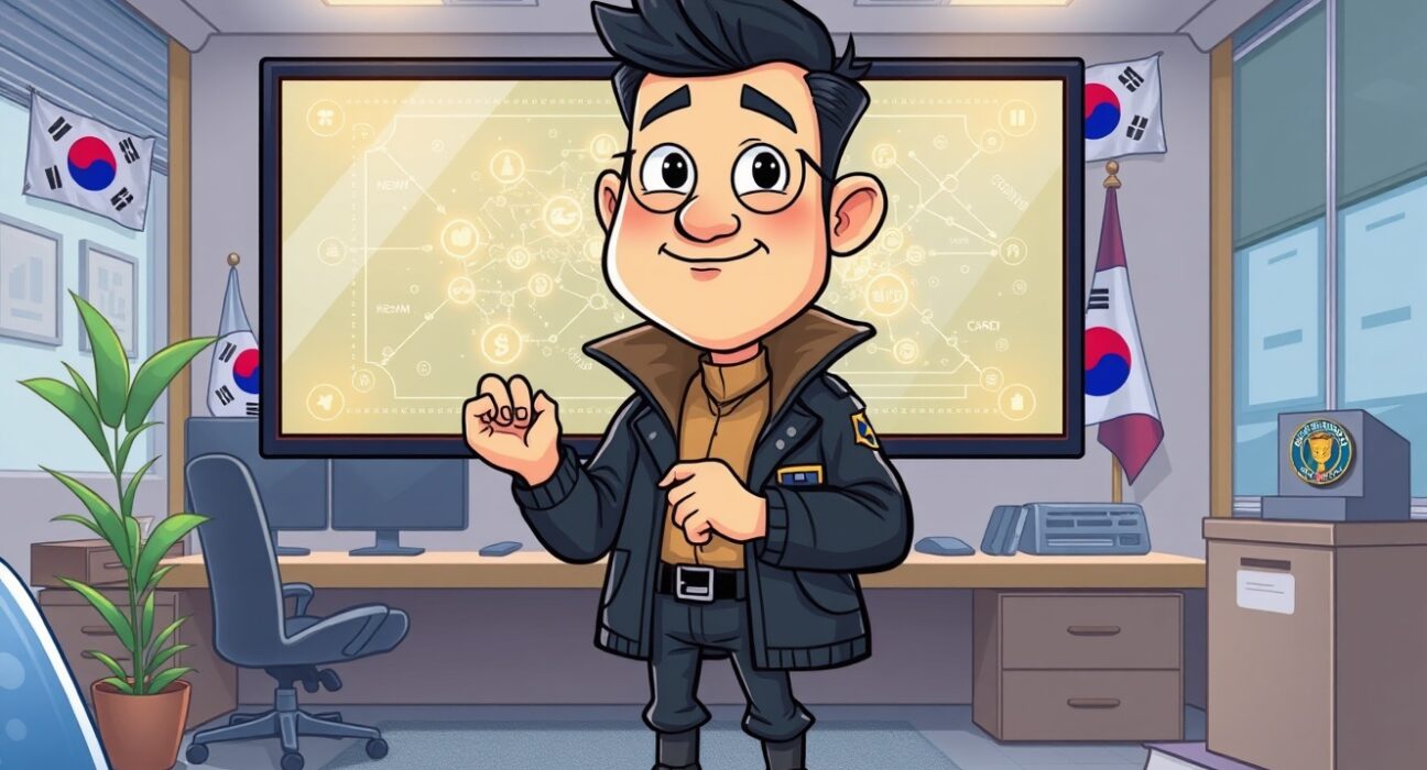 A cartoon detective analyzing a glowing blockchain diagram, representing South Korea's investment in Chainalysis for crypto investigations.