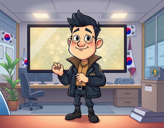 A cartoon detective analyzing a glowing blockchain diagram, representing South Korea's investment in Chainalysis for crypto investigations.