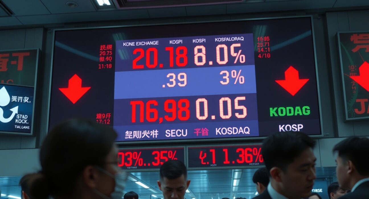Korea Exchange trading floor with red electronic ticker showing KOSPI and KOSDAQ declines triggering circuit breaker