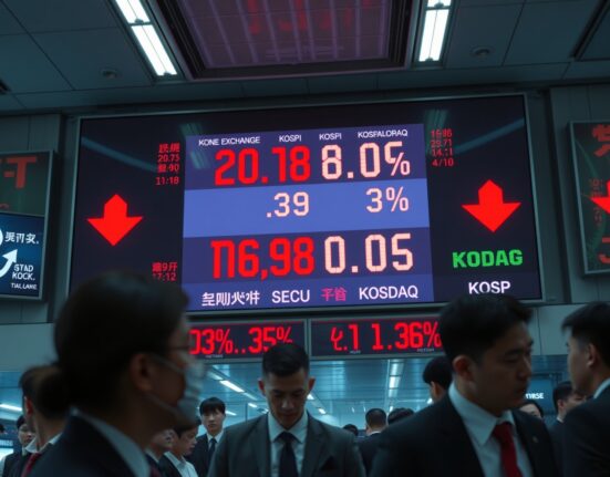 Korea Exchange trading floor with red electronic ticker showing KOSPI and KOSDAQ declines triggering circuit breaker