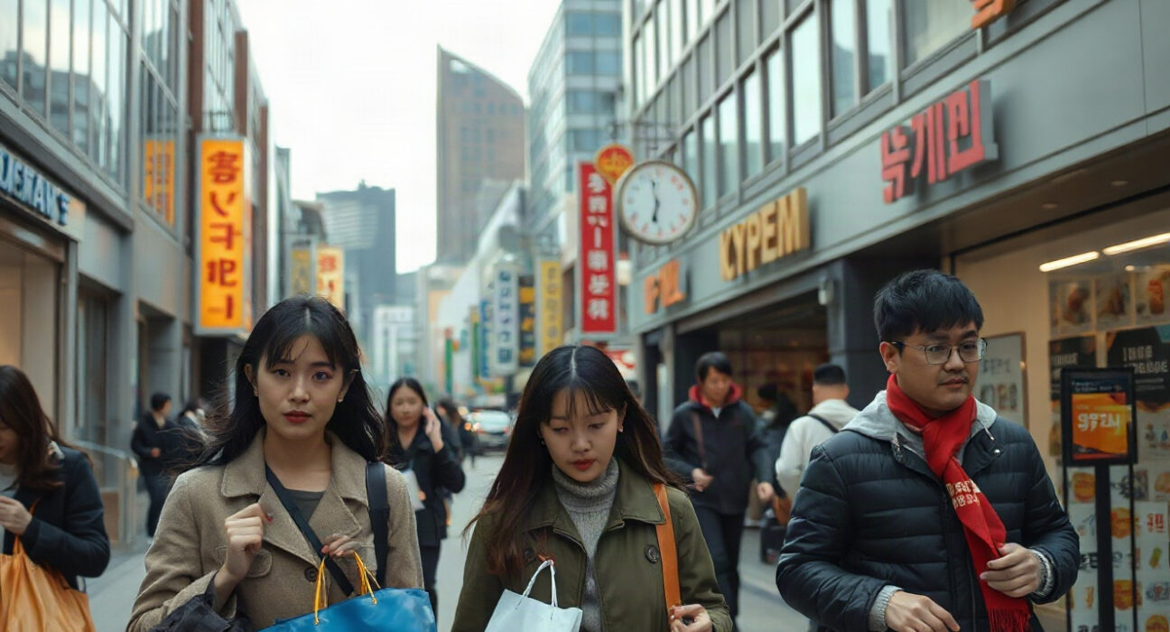 Shoppers walking on a Seoul street, reflecting consumer sentiment in South Korea