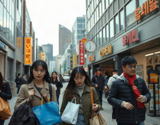 Shoppers walking on a Seoul street, reflecting consumer sentiment in South Korea