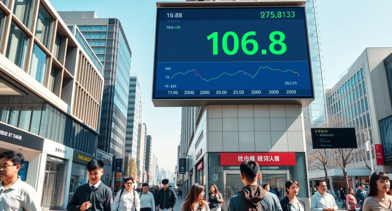 Pedestrians in Seoul pass a digital display showing the Consumer Sentiment Index at 106.8 in July 2024.