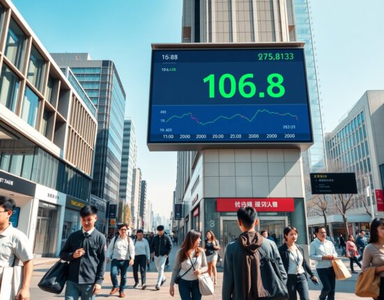 Pedestrians in Seoul pass a digital display showing the Consumer Sentiment Index at 106.8 in July 2024.