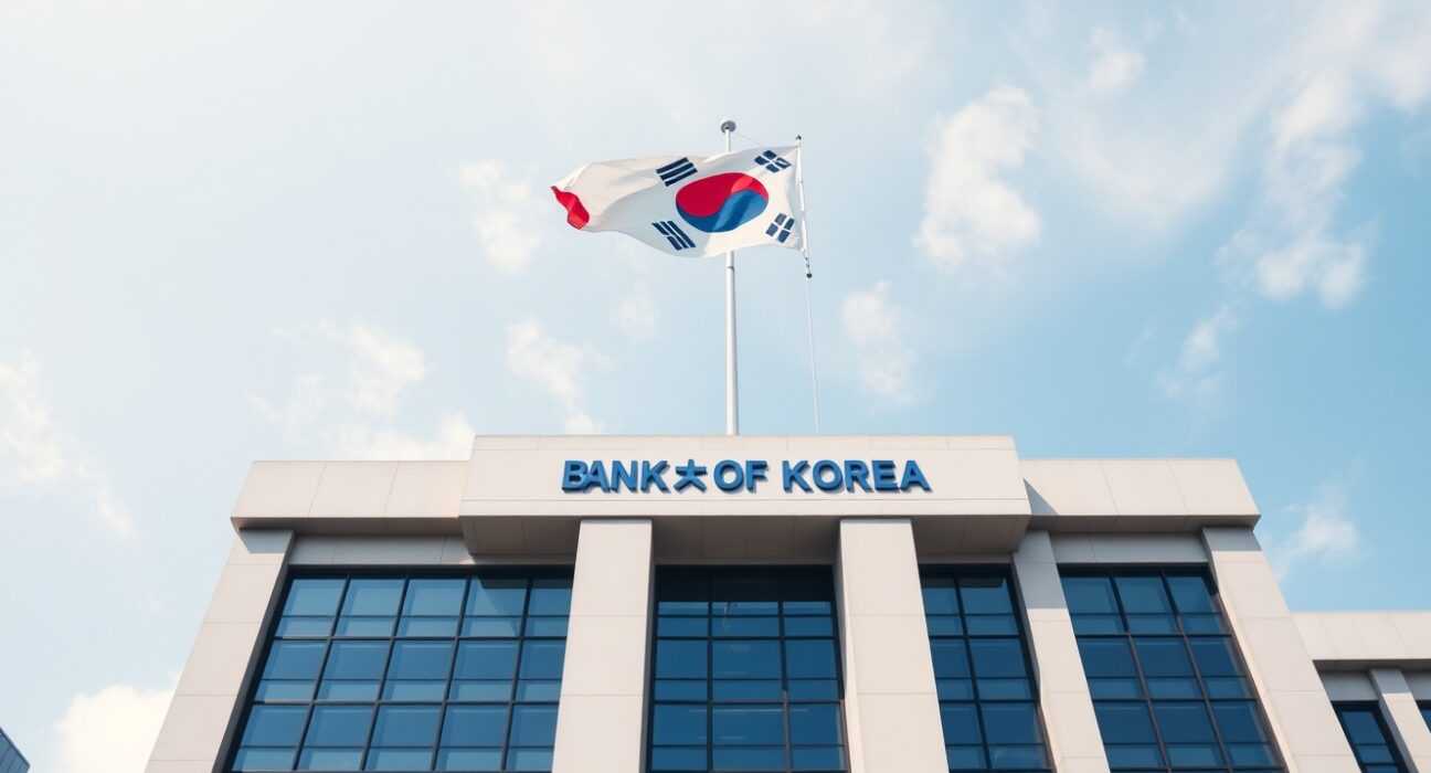 Bank of Korea headquarters in Seoul on a clear day, representing economic stability and inflation data release.