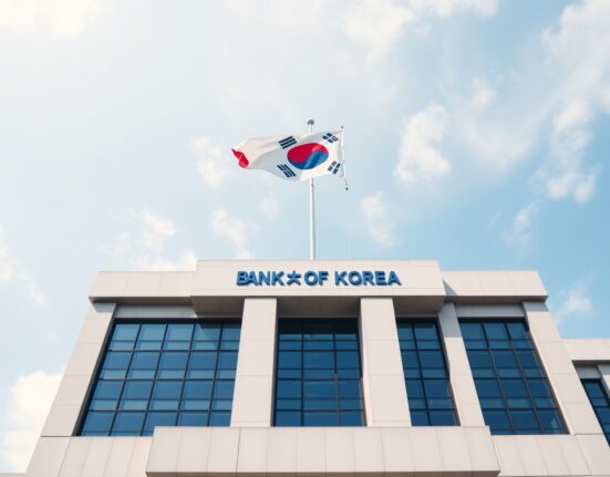 Bank of Korea headquarters in Seoul on a clear day, representing economic stability and inflation data release.