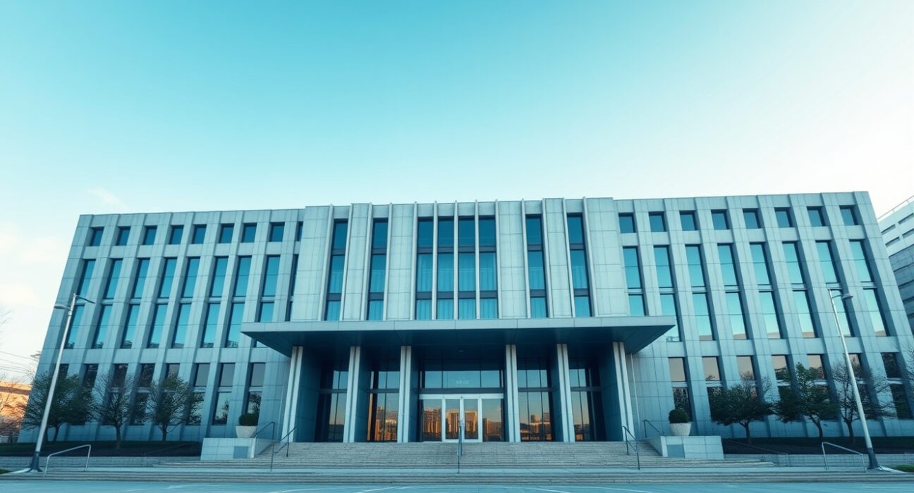 Government building in Seoul with digital blockchain network overlay representing new crypto transfer regulations.