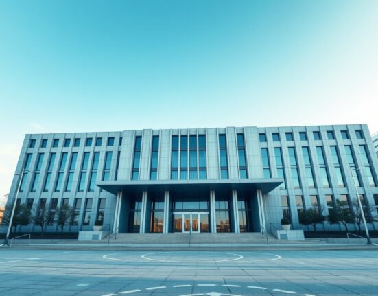 Government building in Seoul with digital blockchain network overlay representing new crypto transfer regulations.