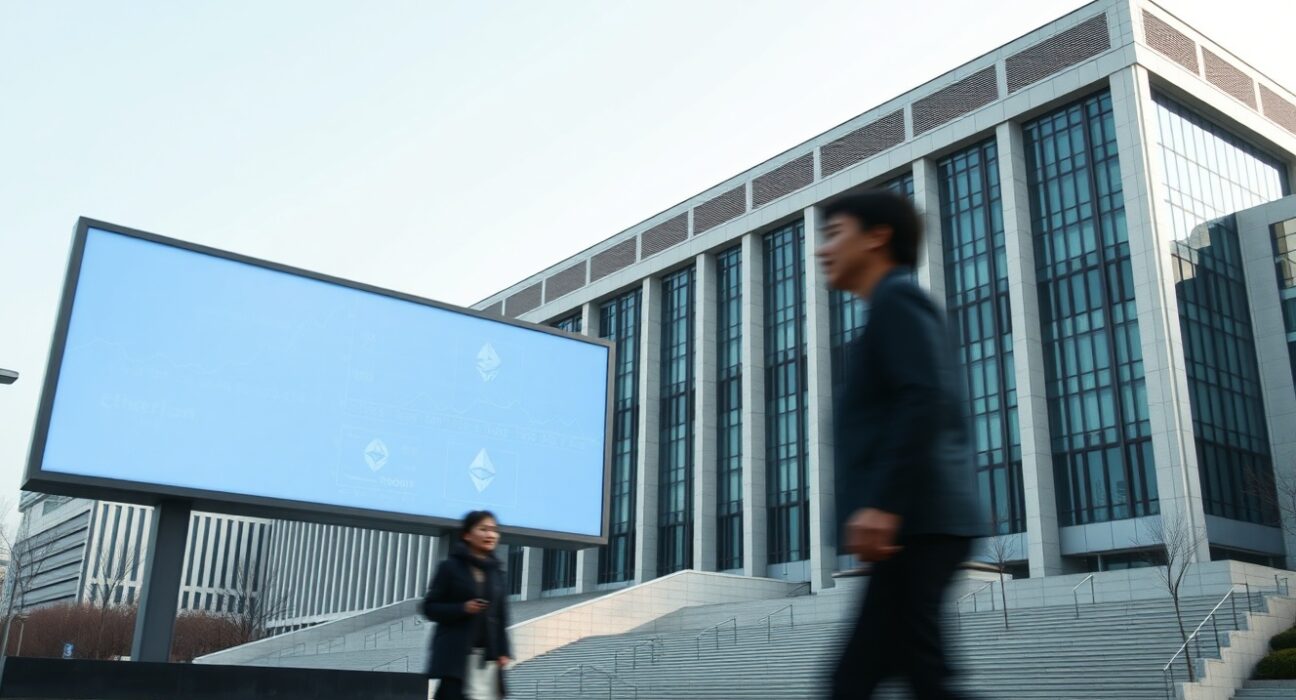 South Korean National Assembly building with a digital billboard showing cryptocurrency symbols and financial data