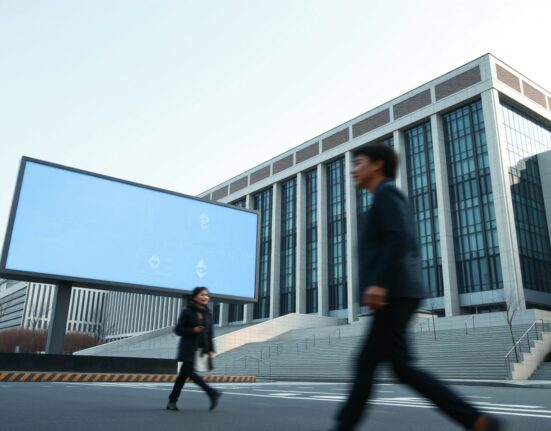 South Korean National Assembly building with a digital billboard showing cryptocurrency symbols and financial data
