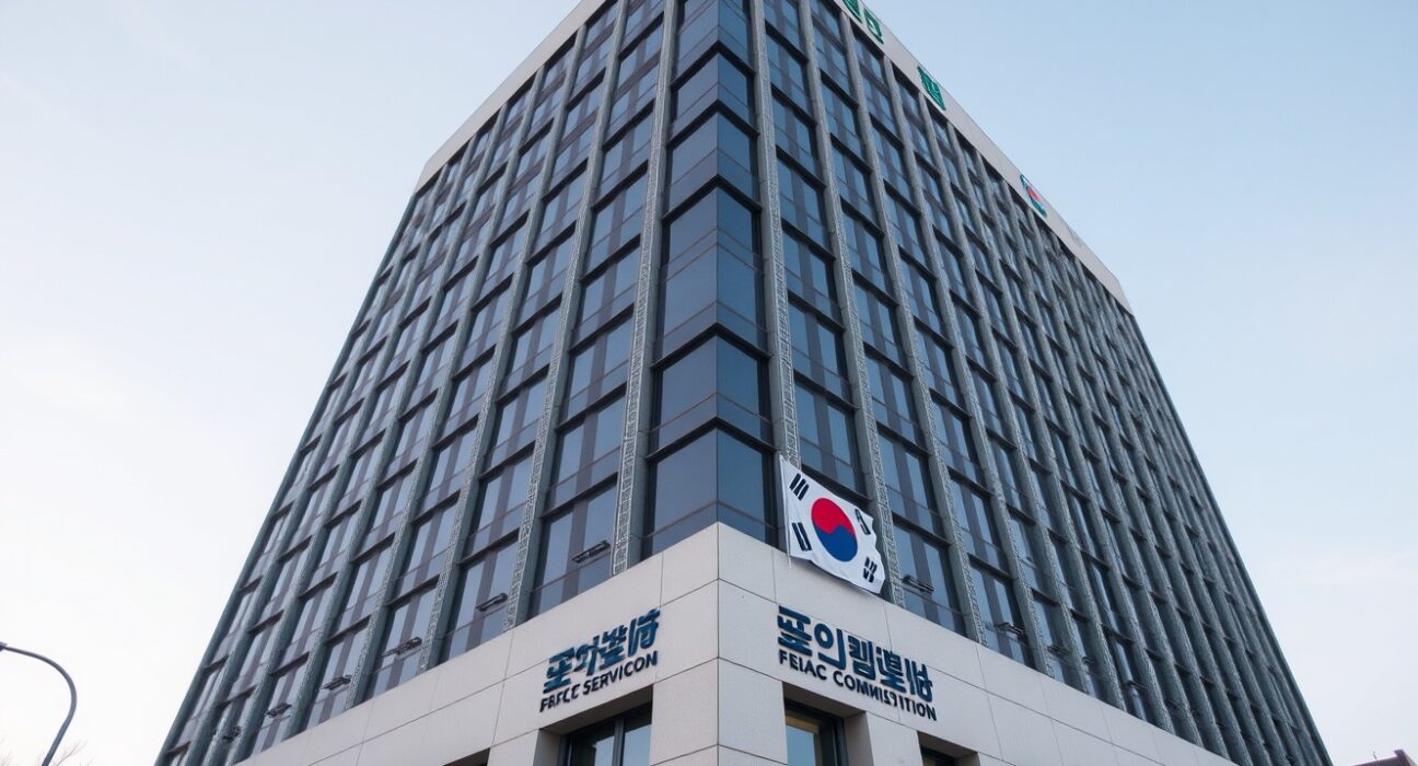 Exterior of the Financial Services Commission building in Seoul, South Korea, under a clear sky.