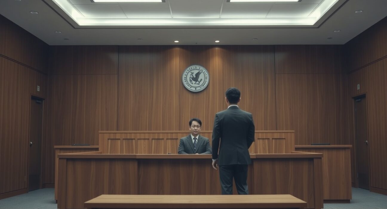 South Korean courtroom scene with defendants and judge during a crypto market manipulation appeal hearing