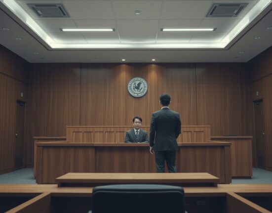 South Korean courtroom scene with defendants and judge during a crypto market manipulation appeal hearing