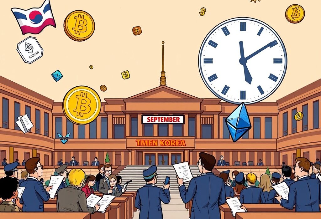 A cartoon illustration showing South Korean officials discussing a South Korea crypto bill, symbolizing upcoming virtual asset legislation.