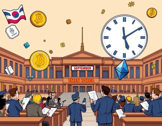 A cartoon illustration showing South Korean officials discussing a South Korea crypto bill, symbolizing upcoming virtual asset legislation.