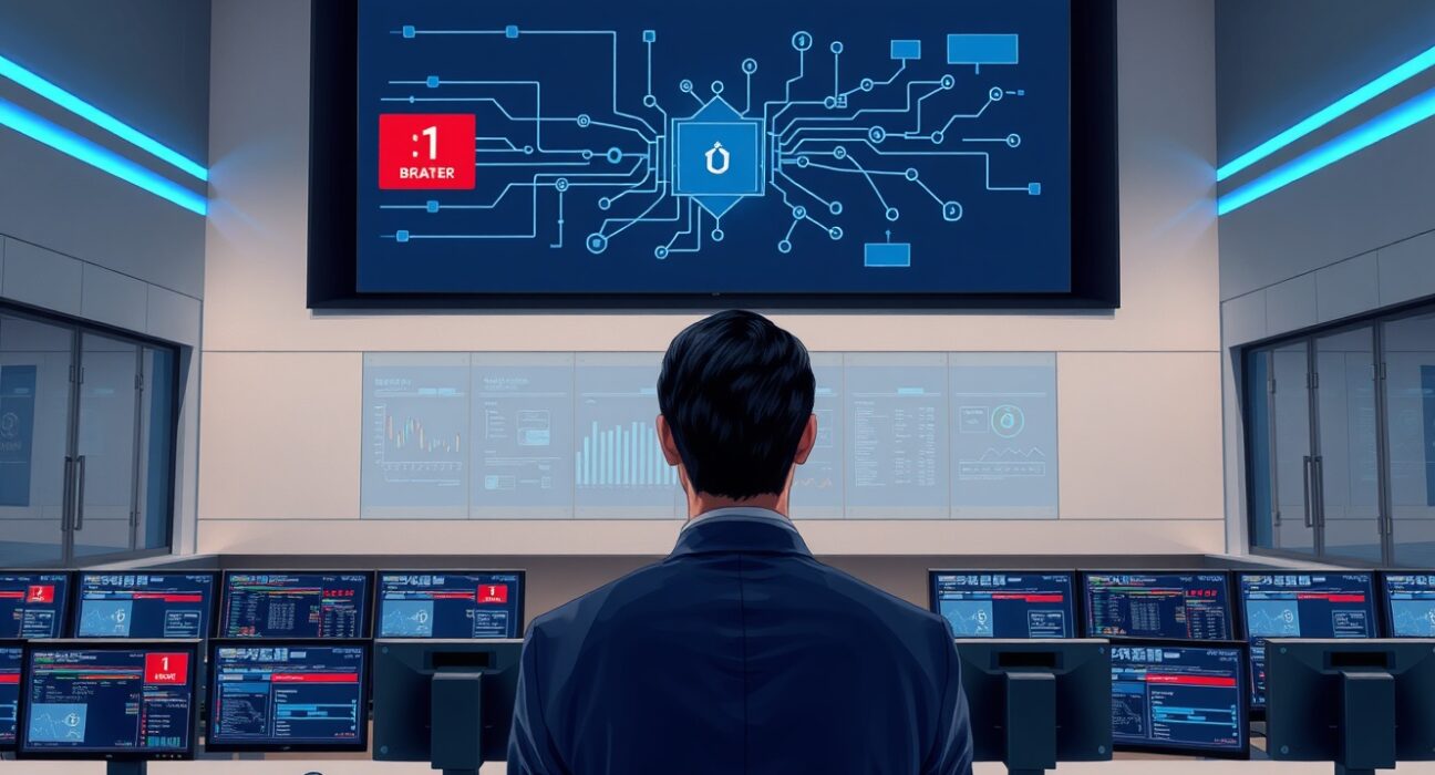Bank of Korea control room monitoring cryptocurrency transaction flows and circuit breaker systems for virtual asset regulation.