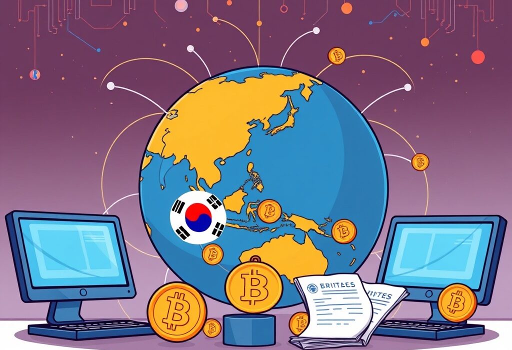 Cartoon showing South Korea sharing crypto transaction data globally, symbolizing enhanced international tax transparency efforts.