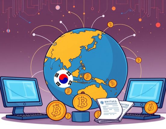 Cartoon showing South Korea sharing crypto transaction data globally, symbolizing enhanced international tax transparency efforts.