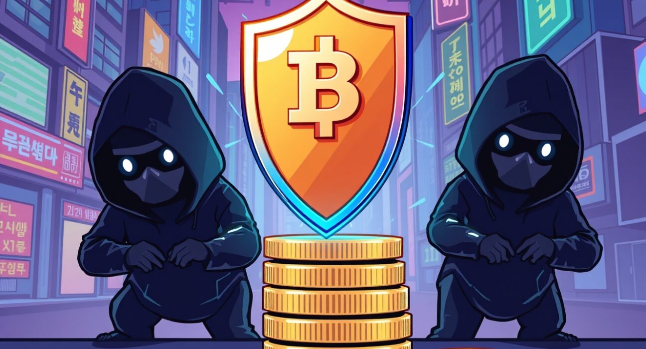 Cartoon illustration of a digital shield protecting cryptocurrency from data breaches for crypto firms in South Korea.