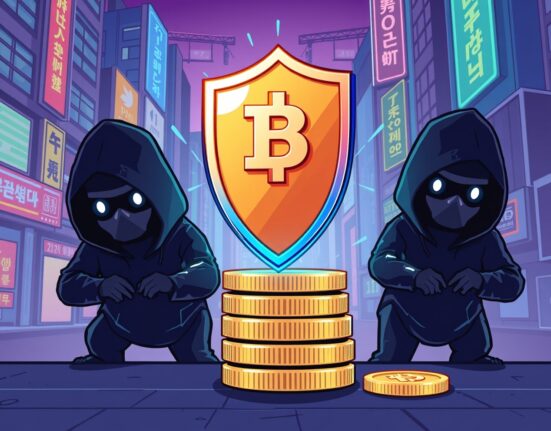 Cartoon illustration of a digital shield protecting cryptocurrency from data breaches for crypto firms in South Korea.