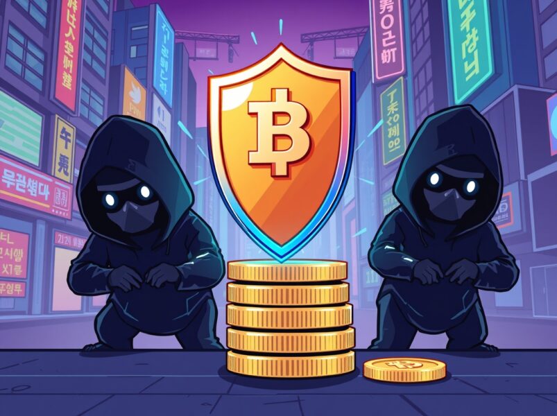 Cartoon illustration of a digital shield protecting cryptocurrency from data breaches for crypto firms in South Korea.