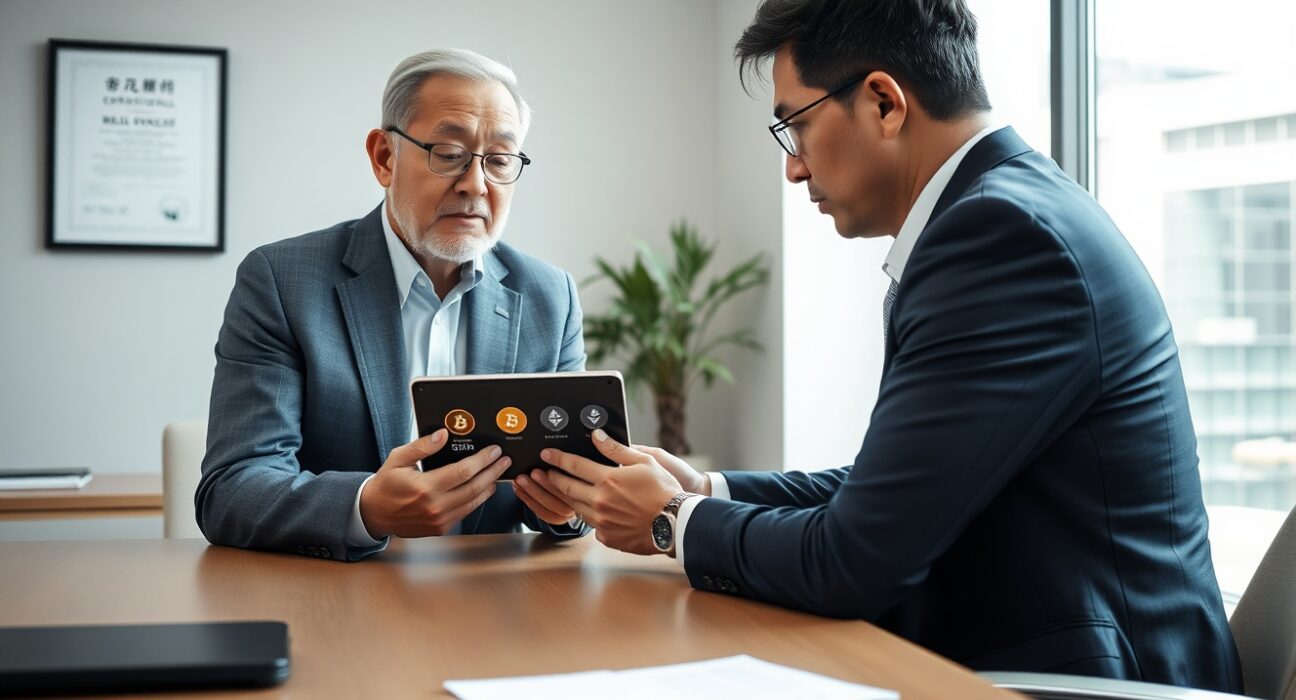 Financial counselor reviewing cryptocurrency wallet on tablet with small business owner in Seoul office