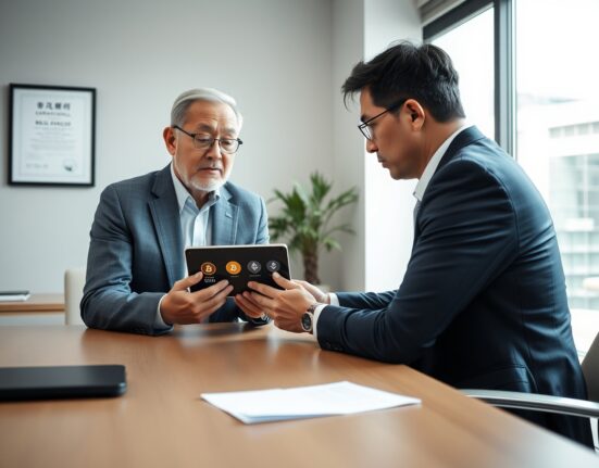 Financial counselor reviewing cryptocurrency wallet on tablet with small business owner in Seoul office