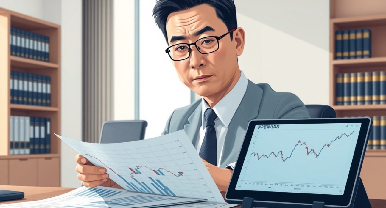South Korean financial official reviewing crypto asset documents for debt adjustment assessment