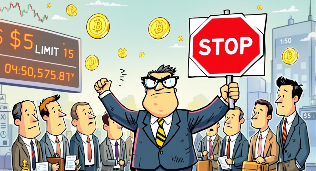 A cartoon illustration of a South Korean regulator issuing an urgent warning regarding South Korea Crypto ETF exposure, impacting asset managers.