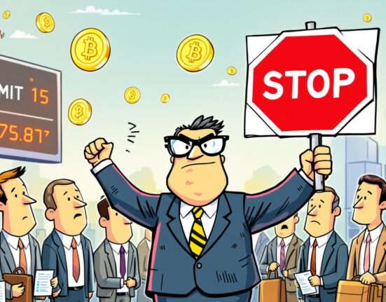 A cartoon illustration of a South Korean regulator issuing an urgent warning regarding South Korea Crypto ETF exposure, impacting asset managers.