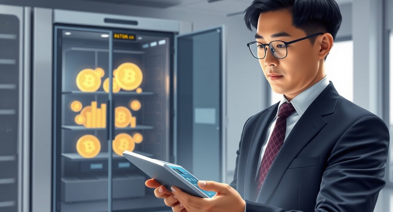 South Korean financial official reviewing crypto custody security and regulatory data in a government setting.